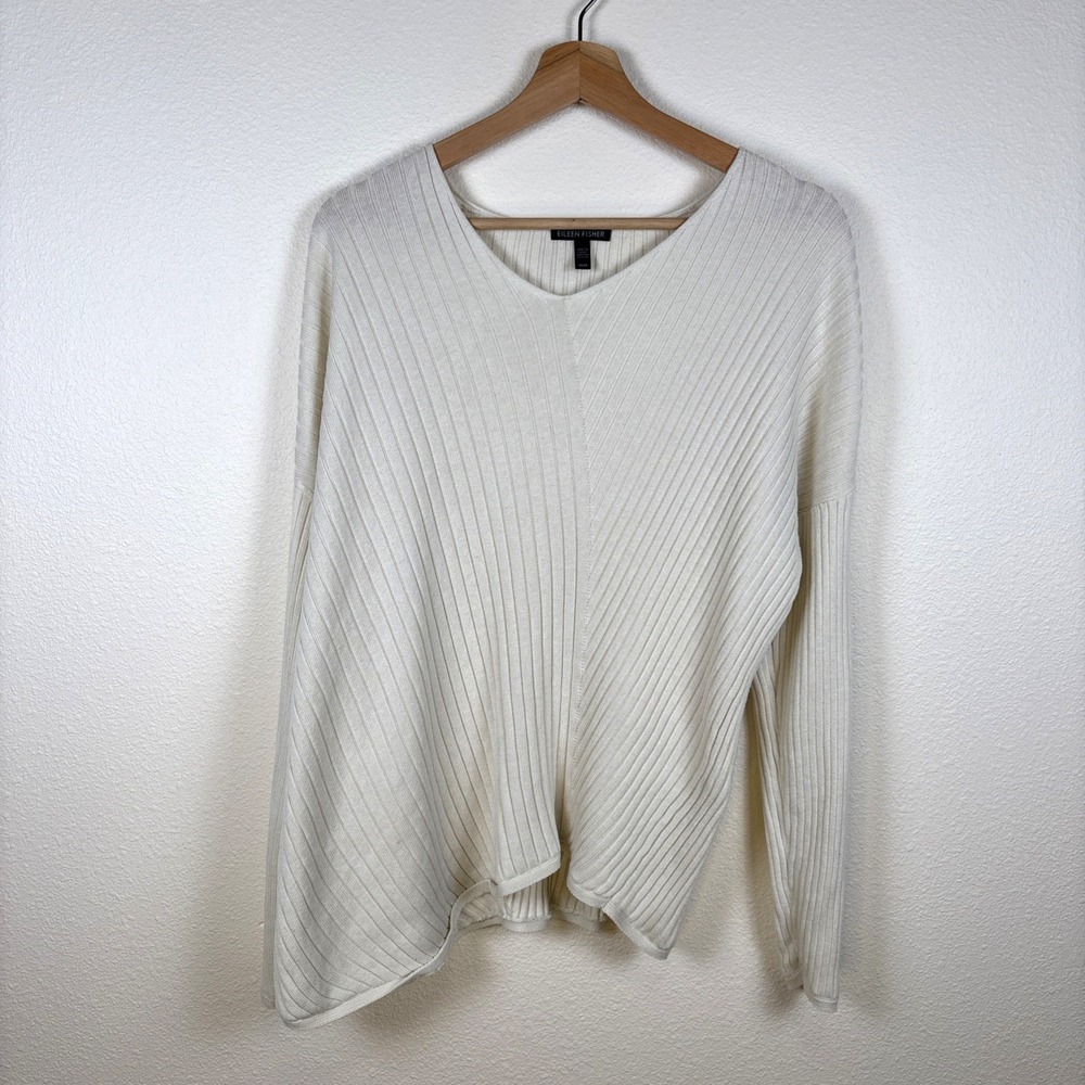 Eileen Fisher Sweater Tencel Organic Cotton Silk Asymmetric Ribbed V-Neck Bone